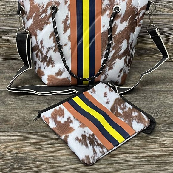Cow Print Neoprene Tote with Yellow & Rust Stripes - Picture 2 of 3